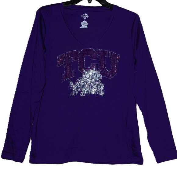 TCU  rhinestone  purple Vneck  long Sleeve Shirt XS S M L XL XXL 1X 2X,3X,4X,5X - Picture 2 of 7